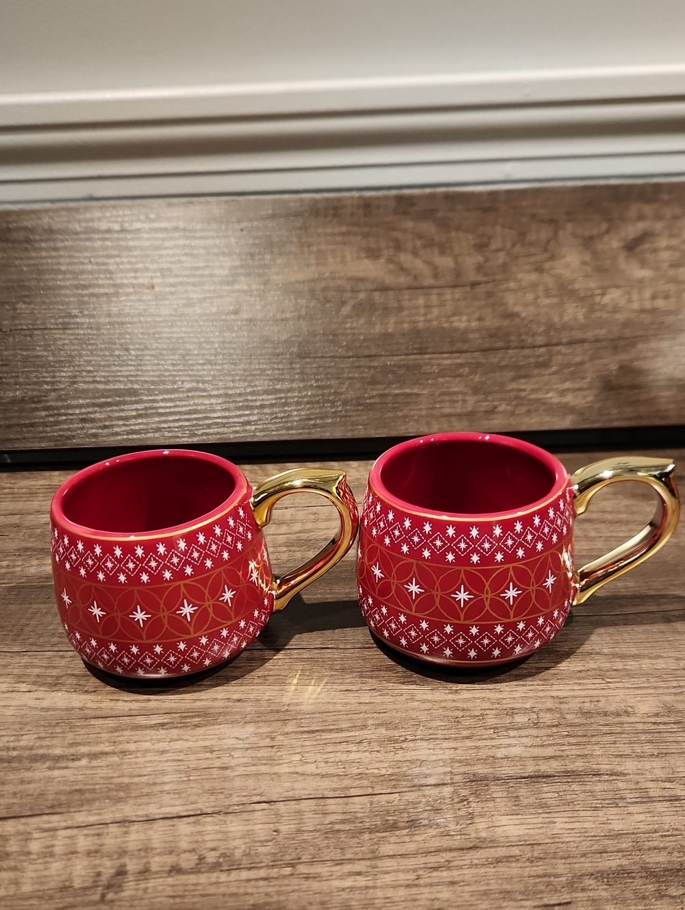 Like New Red Ceramic Holiday Mugs with Gold Handles - Set of 2
